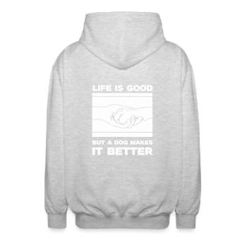 hund life is good pfote - Unisex Kapuzenjacke - Hellgrau meliert - Hinten - AI Model Male 185 light (185cm)