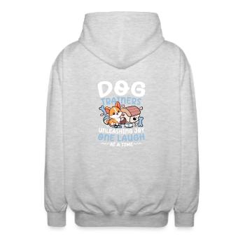 Dog trainers Unleashing Joy One Laugh At A Time - Unisex Hooded Jacket - light heather grey - Back - AI Model Male 185 light (185cm)
