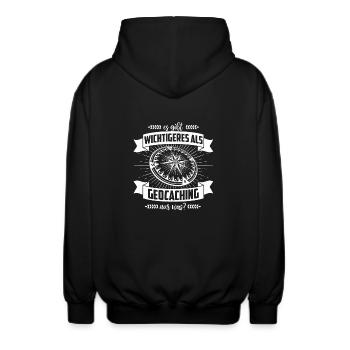Geocaching T-Shirt There are more important things than - Unisex Hooded Jacket - black - Back - AI Model Male 185 light (185cm)