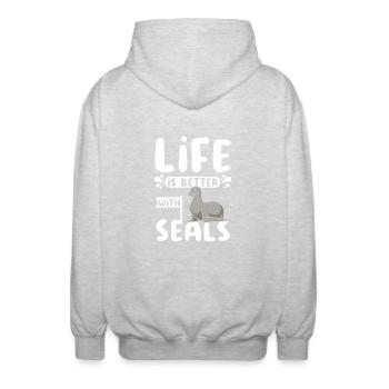 Life is better with seals - Unisex Kapuzenjacke - Hellgrau meliert - Hinten - AI Model Male 185 light (185cm)