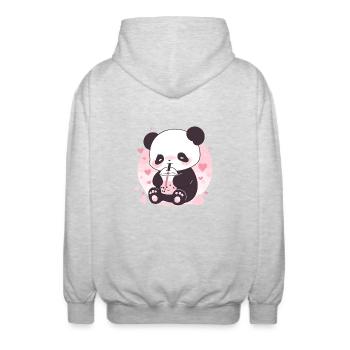 Kawaii Panda trinkt Boba Bubble Tea Chibi - Unisex Kapuzenjacke - Hellgrau meliert - Hinten - AI Model Male 185 light (185cm)