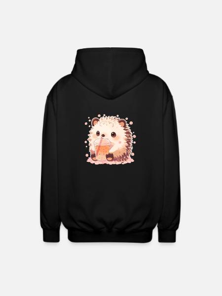 Kawaii Hedgehog Drinks Boba Bubble Tea Chibi - Unisex Hooded Jacket - black