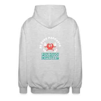 Ich bin perfekt, warum sollte ich mich ändern? - Unisex Kapuzenjacke - Hellgrau meliert - Hinten - AI Model Male 185 light (185cm)
