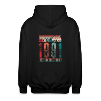 Anniversaire 1981 Vintage Août Cadeau Rétro - Veste à capuche unisexe - noir - Dos - AI Model Male 185 light (185cm)