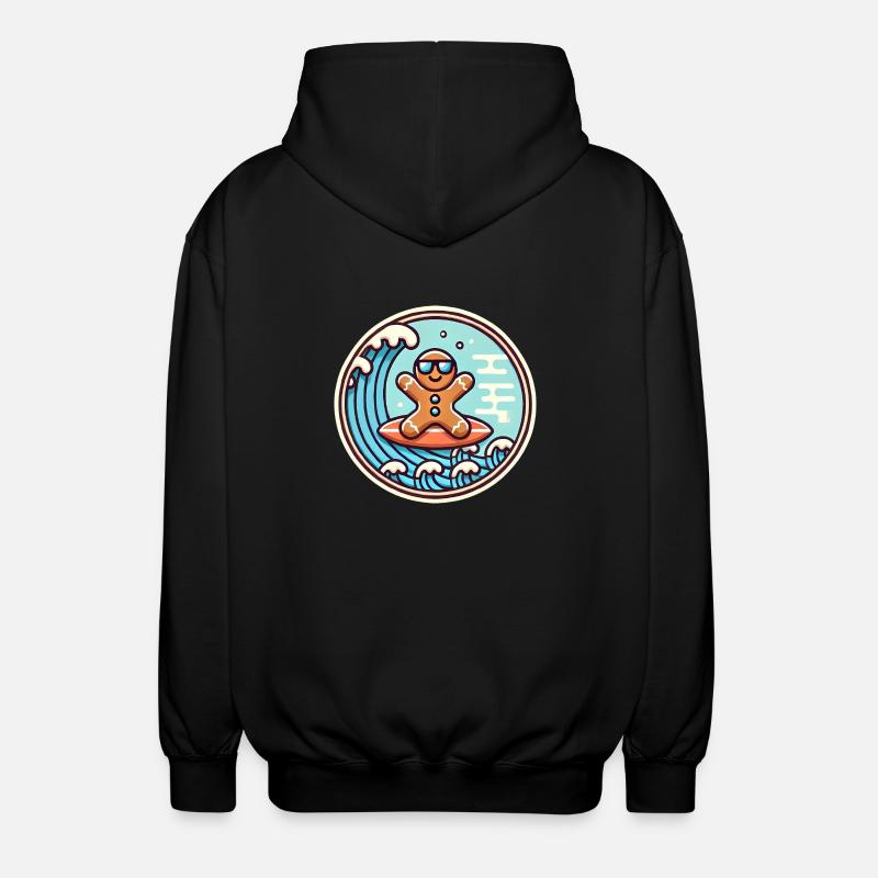 Surfing Gingerbread Wave Badge - Unisex Hooded Jacket - black