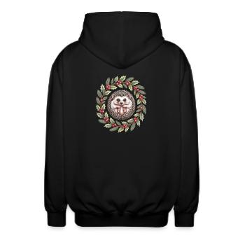Christmas hedgehog in holly wreath - Unisex Hooded Jacket - black - Back - AI Model Male 185 light (185cm)