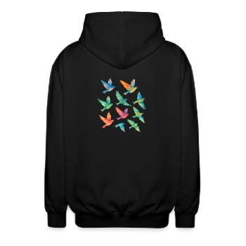 Bunter Vogelschwarm in Aquarell - Unisex Kapuzenjacke - Schwarz - Hinten - AI Model Male 185 light (185cm)