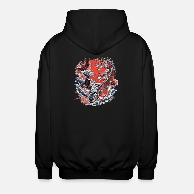 Koi, Waves and Cherry Blossom - Unisex Hooded Jacket - black