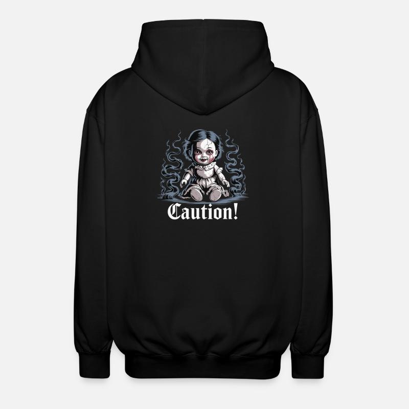 Creepy Doll with Caution Text - Unisex Hooded Jacket - black