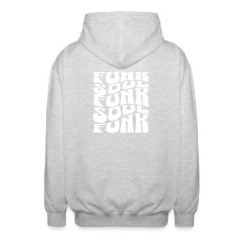 Funk- und Soulmusik – kühne Typografie - Unisex Kapuzenjacke - Hellgrau meliert - Hinten - AI Model Male 185 light (185cm)