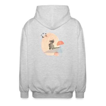 Cat & Birds Origami Illustration - Unisex Hooded Jacket - light heather grey - Back - AI Model Male 185 light (185cm)