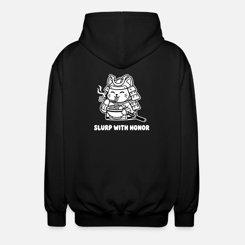 Samurai cat eating noodles - Unisex Hooded Jacket - black