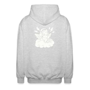 Musik Engel – Cherub mit Kopfhörern - Unisex Kapuzenjacke - Hellgrau meliert - Hinten - AI Model Male 185 light (185cm)