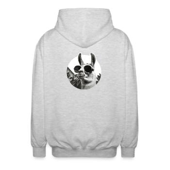 Lama en vacances palmiers humour comique  - Unisex Hooded Jacket - light heather grey - Back - AI Model Male 185 light (185cm)