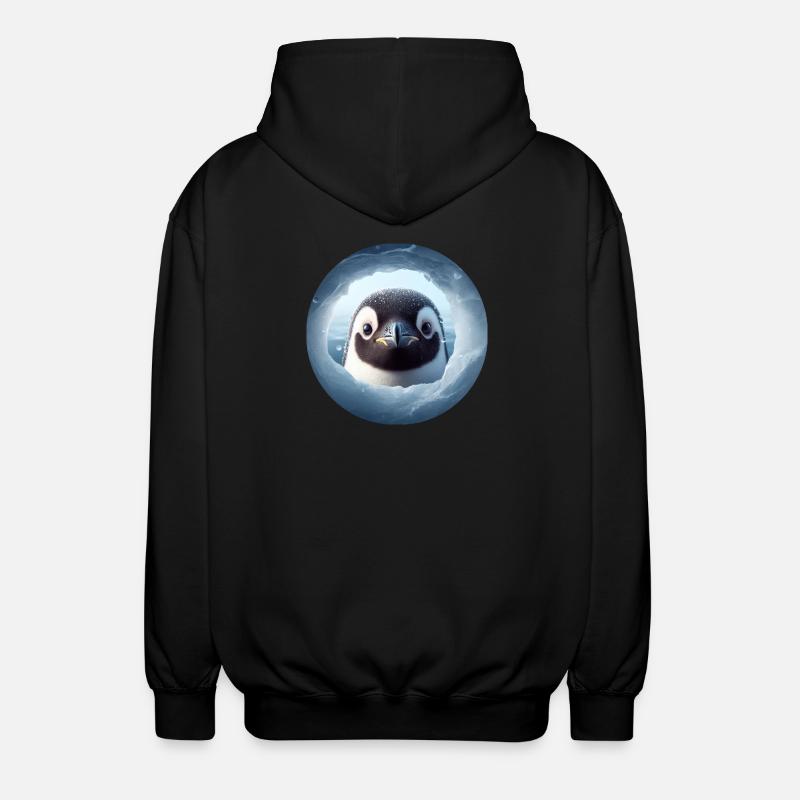 Pinguin schaut durch Schnee Loch - Unisex Kapuzenjacke - Schwarz