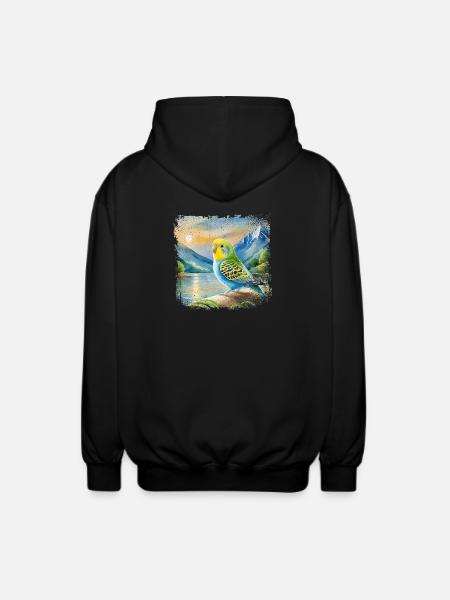 junger Wellensittich im Kinderbuchstil, Aquarell - Unisex Kapuzenjacke - Schwarz