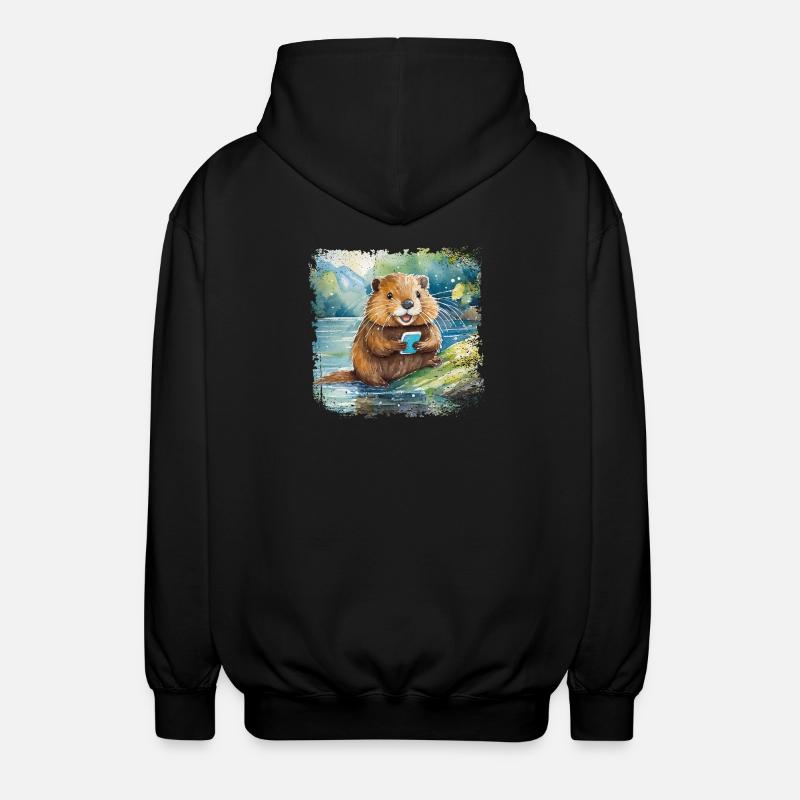 Niedlicher junger Biber mit Handy - Unisex Kapuzenjacke - Schwarz