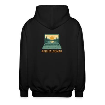 Digitaler Laptop Reisender & Natur bei Sonnenaufgang - Unisex Kapuzenjacke - Schwarz - Hinten - AI Model Male 185 light (185cm)