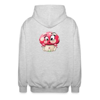 Niedliches rosa Pilz-Charakter-Design - Unisex Kapuzenjacke - Hellgrau meliert - Hinten - AI Model Male 185 light (185cm)
