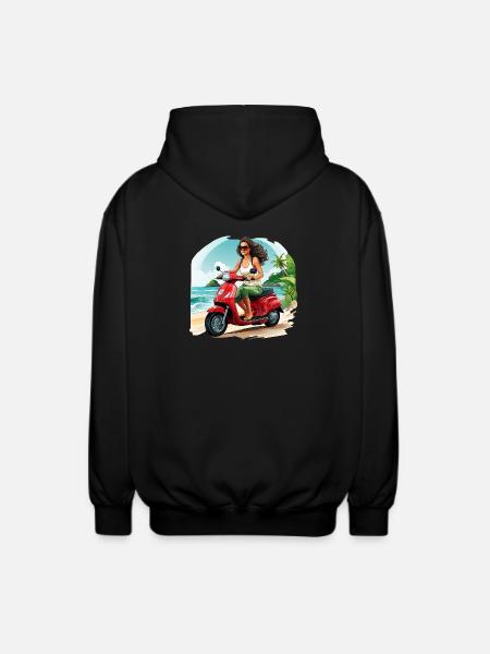 Frau mit rotem Roller am Strand - Unisex Kapuzenjacke - Schwarz