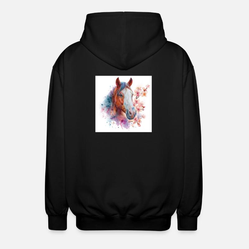 Aquarellpferd mit Blüten - Unisex Kapuzenjacke - Schwarz