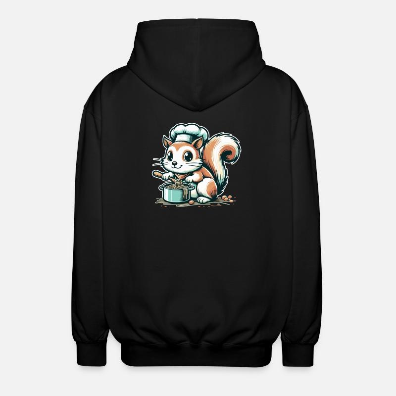 Cute cartoon squirrel cooking spaghetti - Unisex Hooded Jacket - black