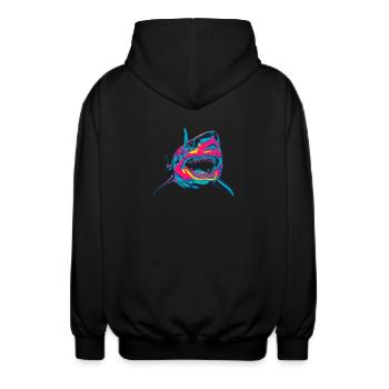 Neon Shark Pop Art Color Fire - Unisex Hooded Jacket - black - Back - AI Model Male 185 light (185cm)
