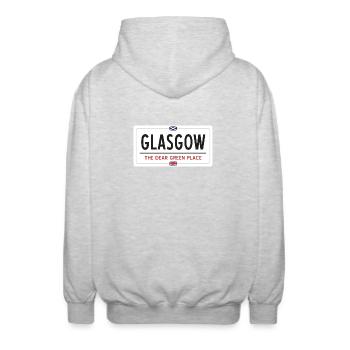 Signe de nom de lieu de Glasgow - Veste à capuche unisexe - gris clair chiné - Dos - AI Model Male 185 light (185cm)