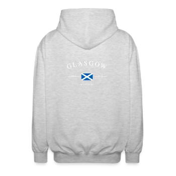 Glasgow, Écosse – Souvenirs et cadeaux de vacances - Veste à capuche unisexe - gris clair chiné - Dos - AI Model Male 185 light (185cm)