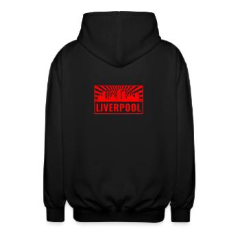 Liverpool Skyline in Red Rays - Unisex Kapuzenjacke - Schwarz - Hinten - AI Model Male 185 light (185cm)