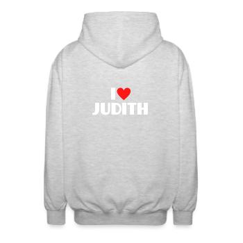 I love Judith Rotes Herz Romantischer Name Fan - Unisex Kapuzenjacke - Hellgrau meliert - Hinten - AI Model Male 185 light (185cm)
