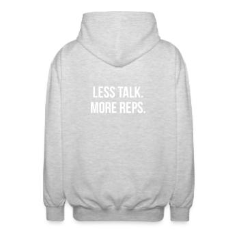 LESS TALK. MORE REPS. | Greyline Official - Unisex Hooded Jacket - light heather grey - Back - AI Model Male 185 light (185cm)