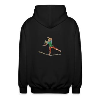 Weiblicher Slackliner - Slackline Liebhaber - Unisex Kapuzenjacke - Schwarz - Hinten - AI Model Male 185 light (185cm)