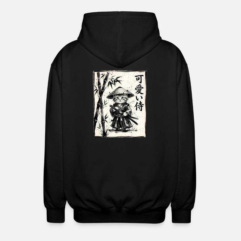 Samurai Cat Sumi-e Ink Drawing - Unisex Hooded Jacket - black