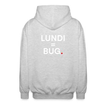 LUNDI = BUG. Humour Lundi Bureau - Veste à capuche unisexe - gris clair chiné - Dos - AI Model Male 185 light (185cm)
