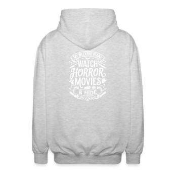 Horrorfilme Schauen & Verstecken Shirt - Unisex Kapuzenjacke - Hellgrau meliert - Hinten - AI Model Male 185 light (185cm)