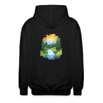 Polygon Mountain Landscape – Nature & Adventure - Unisex Hooded Jacket - black - Back - AI Model Male 185 light (185cm)