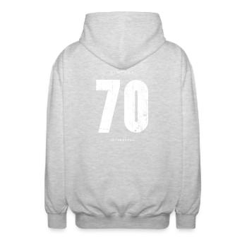 70s Vintage Bold Typography - Unisex Hooded Jacket - light heather grey - Back - AI Model Male 185 light (185cm)