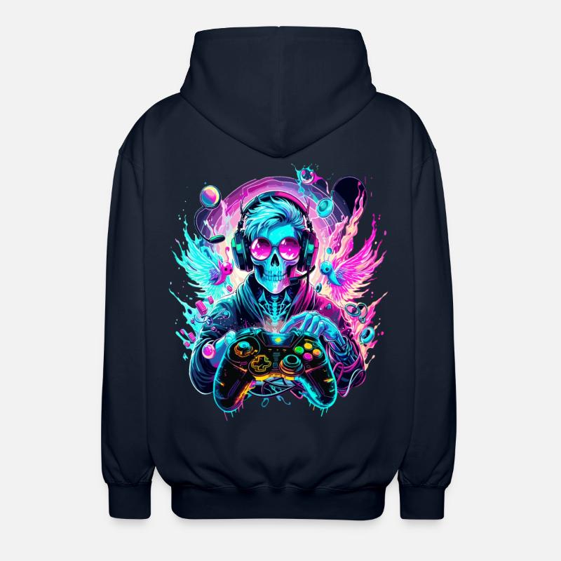 Synthwave Skull Gaming Controller Art - Unisex Hooded Jacket - navy