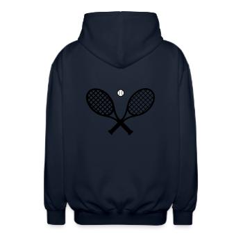 Tennisschläger und Tennisball - Unisex Kapuzenjacke - Navy - Hinten - AI Model Male 185 light (185cm)