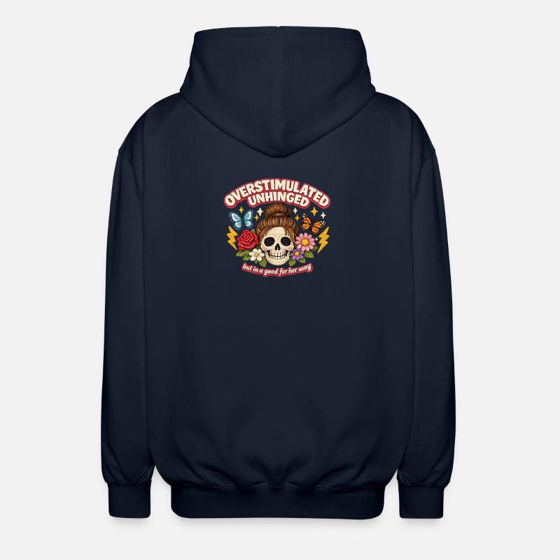 Overstimulated Unhinged Skull Patch Gift - Unisex Hooded Jacket - navy
