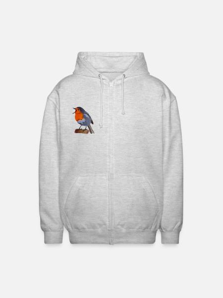 Robin Bird Illustration on Textile - Unisex Hooded Jacket - light heather grey