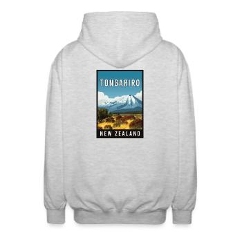 Entdecken Sie Tongariro in Neuseeland - Unisex Kapuzenjacke - Hellgrau meliert - Hinten - AI Model Male 185 light (185cm)