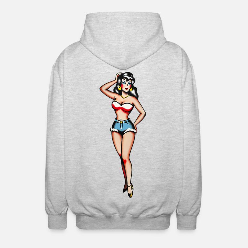 Klassisches Tattoo-Pin-up-Mädchen - Unisex Kapuzenjacke - Hellgrau meliert