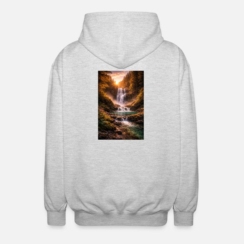 Waterfall in the evening sun - Unisex Hooded Jacket - light heather grey