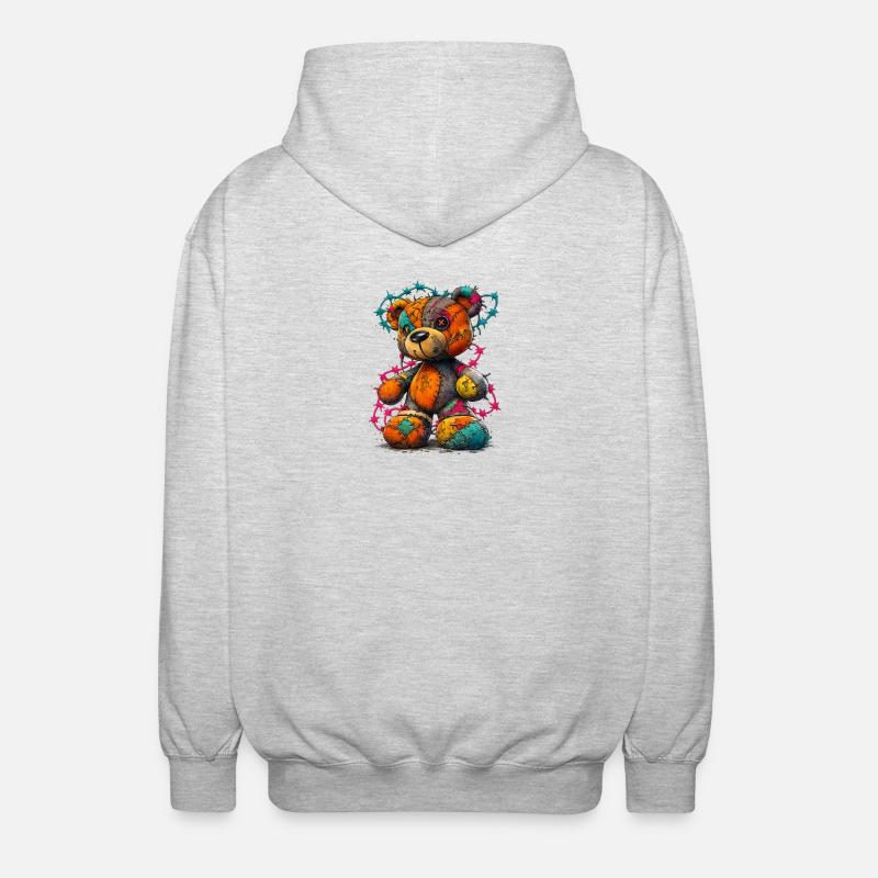 Patchwork Teddybär mit Neonfäden - Unisex Kapuzenjacke - Hellgrau meliert