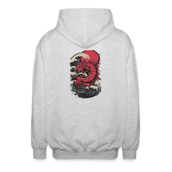  Roter Drache Im Sturmmeer Japanische Wellen - Unisex Kapuzenjacke - Hellgrau meliert - Hinten - AI Model Male 185 light (185cm)