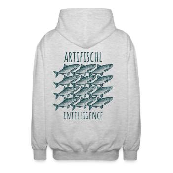 Artifischl Intelligence - Hering Schwarm Wortspiel - Unisex Kapuzenjacke - Hellgrau meliert - Hinten - AI Model Male 185 light (185cm)