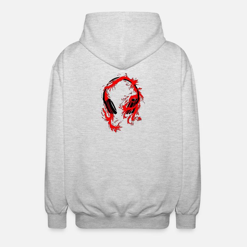 Kopfhörer Wolf Rot auf Schwarz - Unisex Kapuzenjacke - Hellgrau meliert
