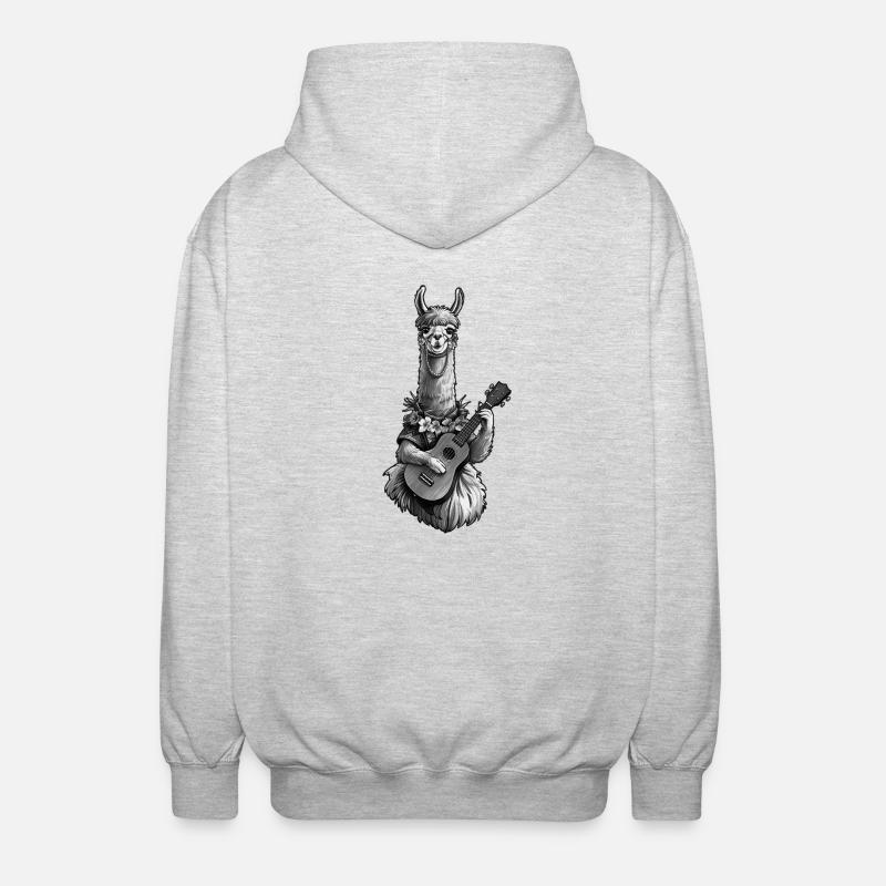 Llama Playing Ukulele - Black White - Unisex Hooded Jacket - light heather grey